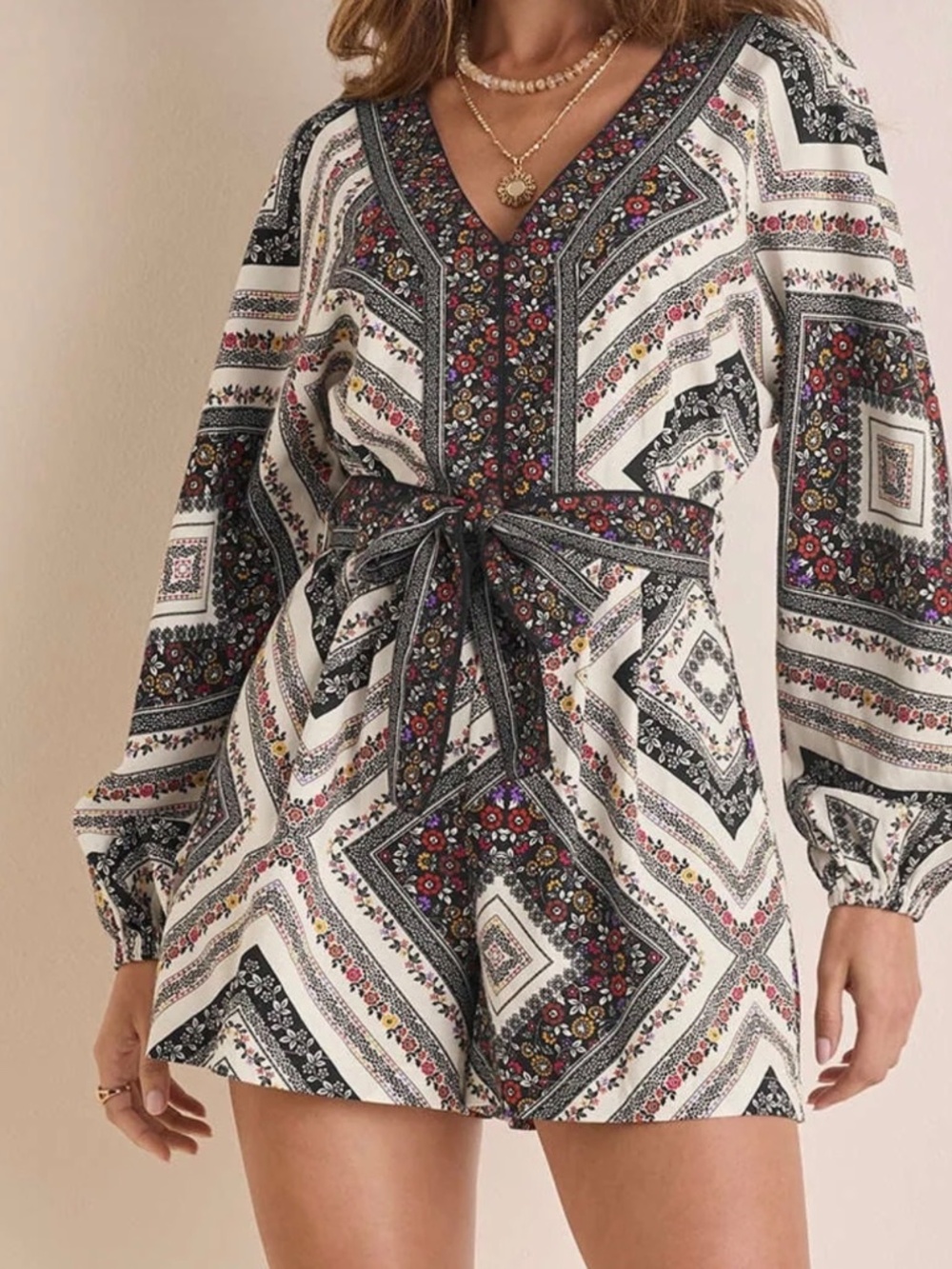 VENUS Linen Tie-Waist ROMPER Summer Prairie Patchwork Floral NWT - Picture 10 of 11